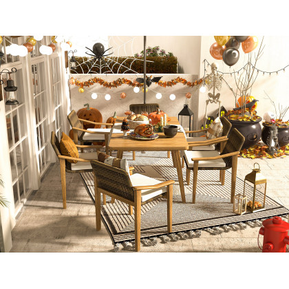 HMR - 7-Pieces Outdoor Patio Dining Set with Teak Wood Table and Chair in Natural & Gray
