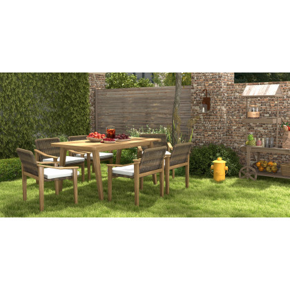 HMR - 7-Pieces Outdoor Patio Dining Set with Teak Wood Table and Chair in Natural & Gray