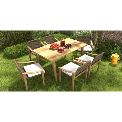 HMR - 7-Pieces Outdoor Patio Dining Set with Teak Wood Table and Chair in Natural & Gray