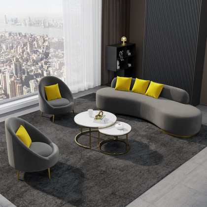 HMR - Velvet Upholstered Curved Sofa Living Room Set of 3 with Pillows Chairs & 3-Seater