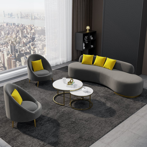 HMR Velvet Upholstered Curved Sofa Living Room Set of 3 with Pillows Chairs & 3-Seater - Gray