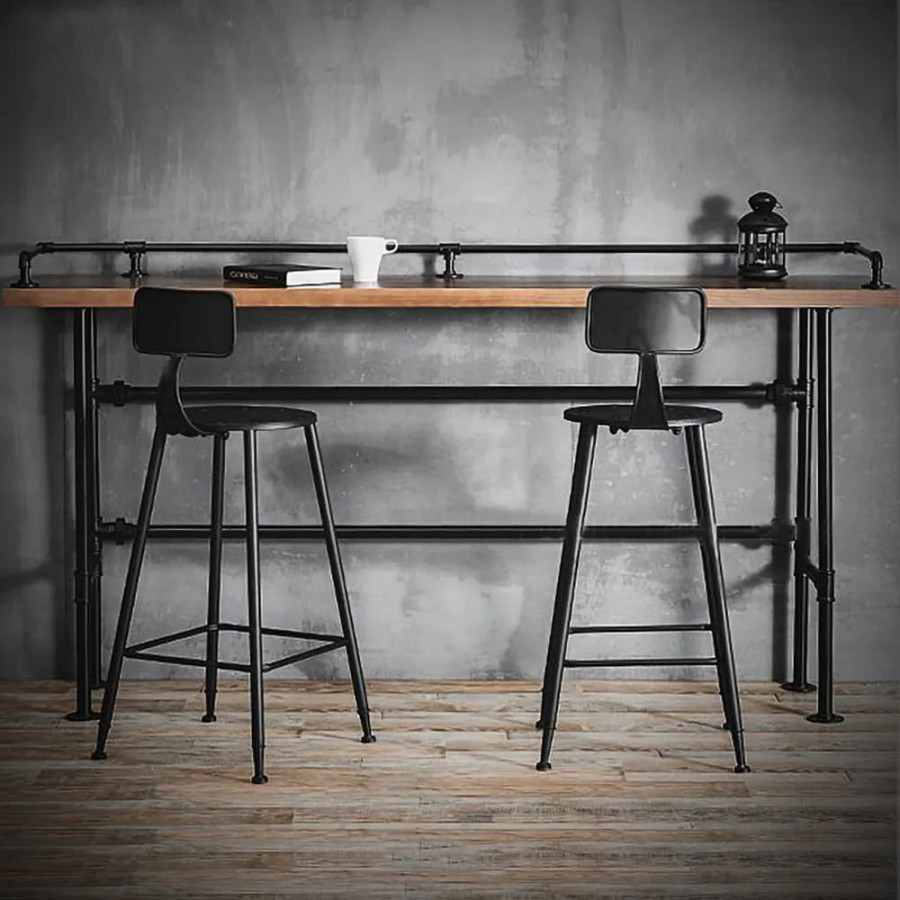 HMR - 3-Pieces Industarial High Natural Bar Table Set with Stools with Metal Legs