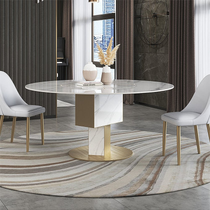 HMR - 59.1" Affordable Luxury Round Rotatable Sintered Stone Dining Table Seats 4-6 People
