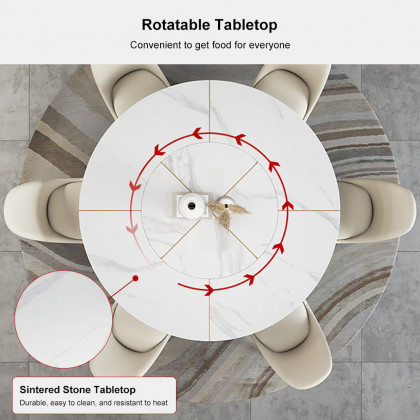 HMR - 59.1" Affordable Luxury Round Rotatable Sintered Stone Dining Table Seats 4-6 People