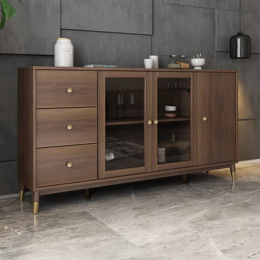 HMR - Ultic Modern Rectangle Sideboard Buffet with Ample Storages & Doors in Walnut