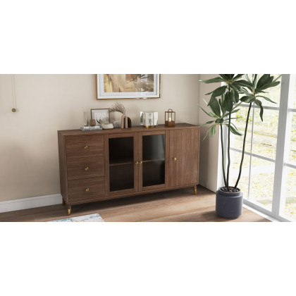 HMR - Ultic Modern Rectangle Sideboard Buffet with Ample Storages & Doors in Walnut