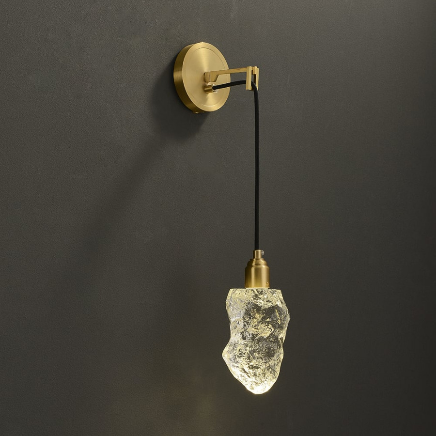 HMR - Gold Brass Wall Sconce Hanging Wall Light with Crystal Shade & Adjustable Cable