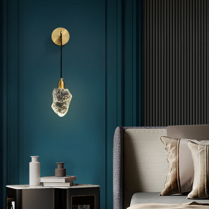 HMR - Gold Brass Wall Sconce Hanging Wall Light with Crystal Shade & Adjustable Cable