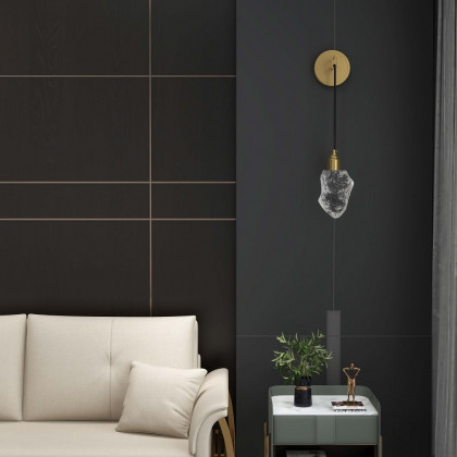 HMR - Gold Brass Wall Sconce Hanging Wall Light with Crystal Shade & Adjustable Cable