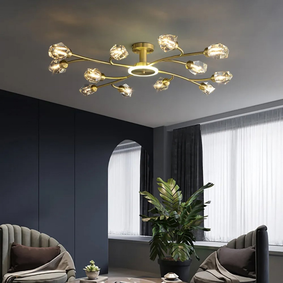 HMR - Kris Brass 12-Light Sputnik Crystal Semi-Flush Mount Light for Living Room