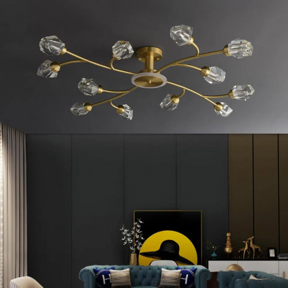 HMR - Kris Brass 12-Light Sputnik Crystal Semi-Flush Mount Light for Living Room