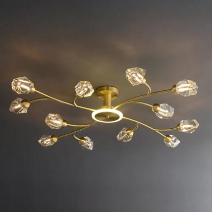 HMR - Kris Brass 12-Light Sputnik Crystal Semi-Flush Mount Light for Living Room