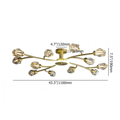 HMR - Kris Brass 12-Light Sputnik Crystal Semi-Flush Mount Light for Living Room