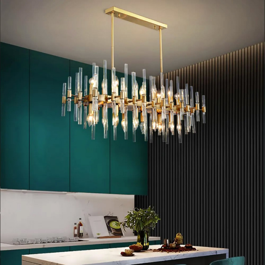HMR - Crylick Modern Metal & Glass 20-Light Kitchen Island Pendant Light Chandelier in Brass