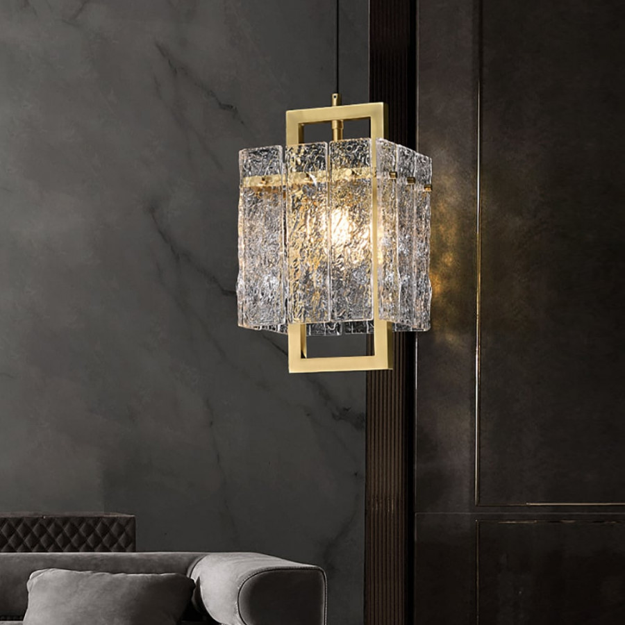HMR - Jewell 1-Light Brass Geometric Pendant Light with Water-ripple Glass Shade