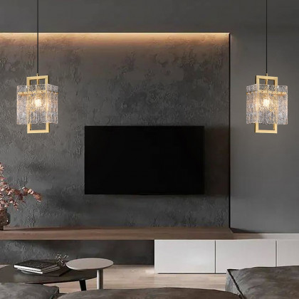 HMR - Jewell 1-Light Brass Geometric Pendant Light with Water-ripple Glass Shade