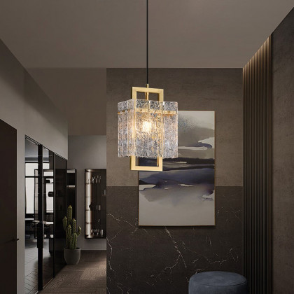 HMR - Jewell 1-Light Brass Geometric Pendant Light with Water-ripple Glass Shade