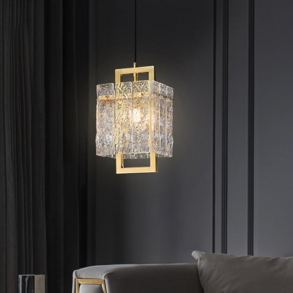 HMR - Jewell 1-Light Brass Geometric Pendant Light with Water-ripple Glass Shade