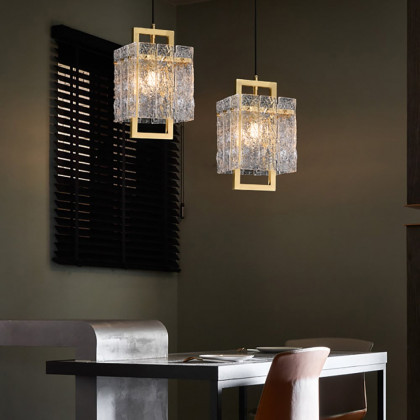 HMR - Jewell 1-Light Brass Geometric Pendant Light with Water-ripple Glass Shade