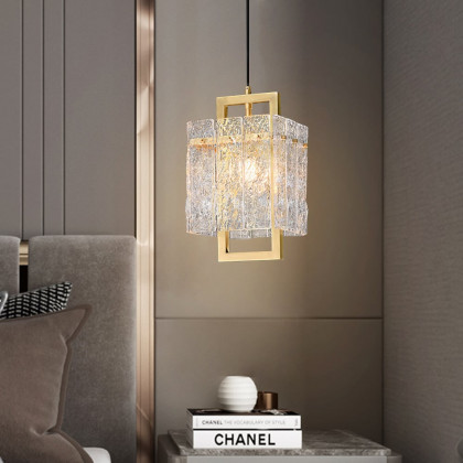 HMR - Jewell 1-Light Brass Geometric Pendant Light with Water-ripple Glass Shade