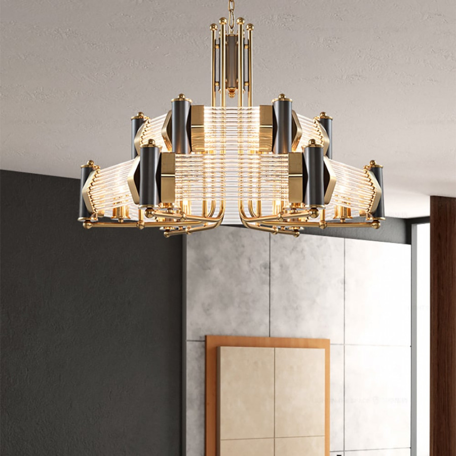 HMR - Modern Tiered Chandelier Ceiling Light with Adjustable Height in Black & Gold
