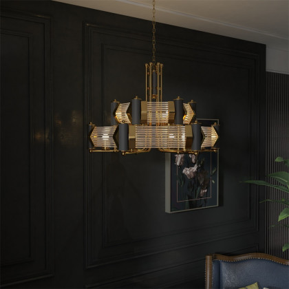 HMR - Modern Tiered Chandelier Ceiling Light with Adjustable Height in Black & Gold