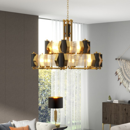 HMR - Modern Tiered Chandelier Ceiling Light with Adjustable Height in Black & Gold