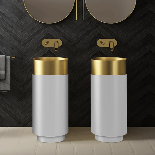 HMR Modern Luxury Round Stainless Steel Sink Pedestal Sink Freestanding - Gold & White