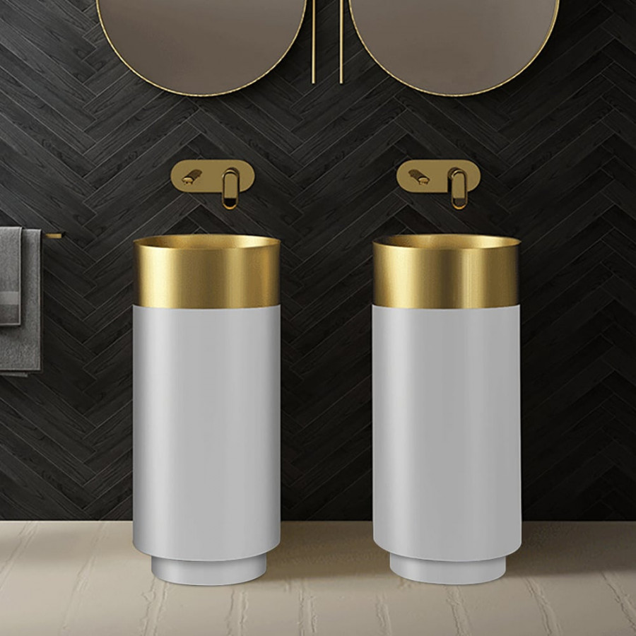 HMR Modern Luxury Round Stainless Steel Sink Pedestal Sink Freestanding - Gold & White