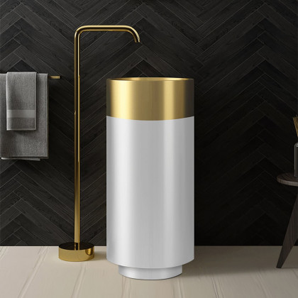 HMR Modern Luxury Round Stainless Steel Sink Pedestal Sink Freestanding - Gold & White