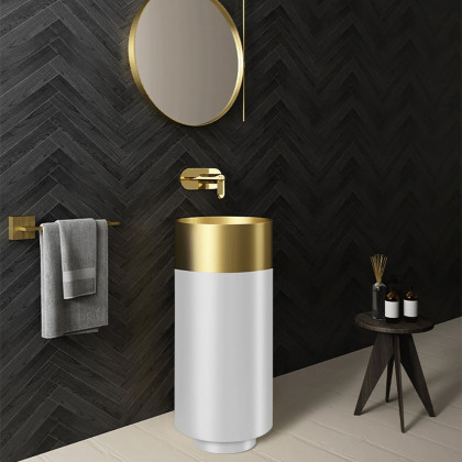 HMR Modern Luxury Round Stainless Steel Sink Pedestal Sink Freestanding - Gold & White