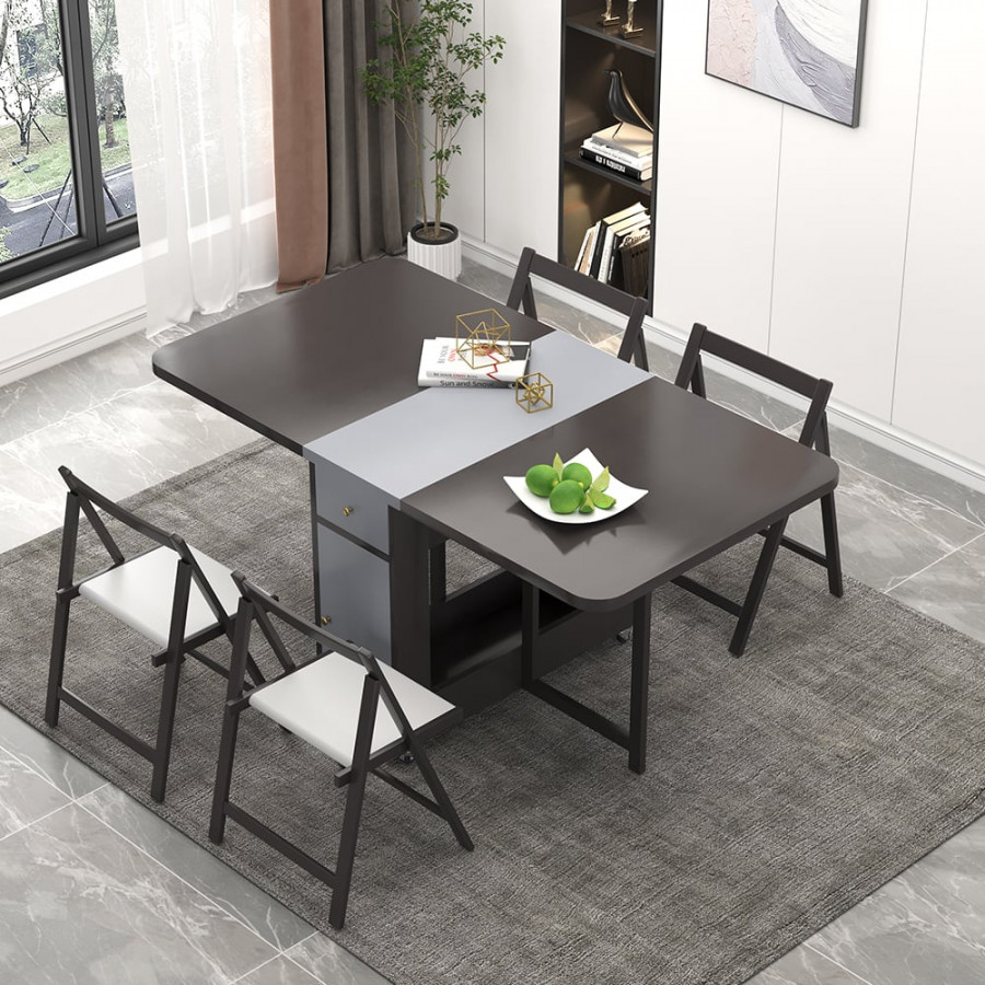 HMR - Dining Set 13"-59" Modern Rectangle Folding Wood Dining Table with 4 Chairs