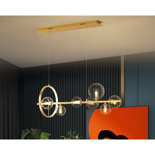HMR Bubi Modern Linear Kitchen Island Light with Glass Globe Shade - Gold, 7-Light