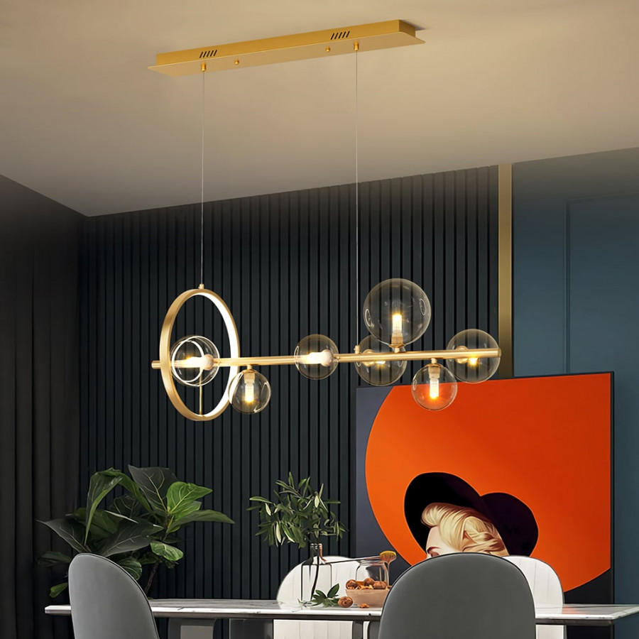HMR Bubi Modern Linear Kitchen Island Light with Glass Globe Shade - Gold, 7-Light