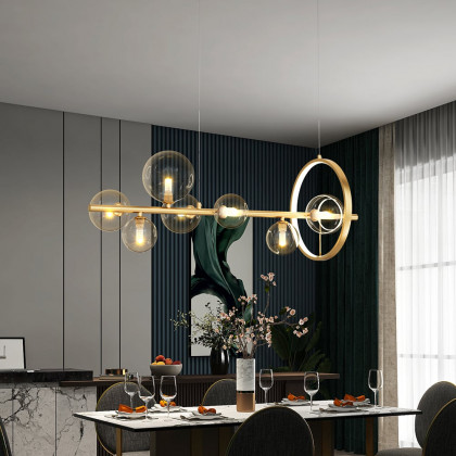 HMR Bubi Modern Linear Kitchen Island Light with Glass Globe Shade - Gold, 7-Light