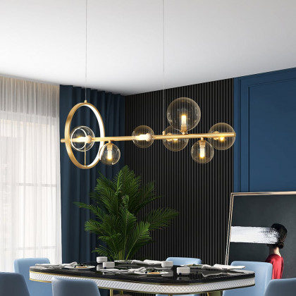 HMR Bubi Modern Linear Kitchen Island Light with Glass Globe Shade - Gold, 7-Light