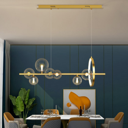 HMR Bubi Modern Linear Kitchen Island Light with Glass Globe Shade - Gold, 7-Light