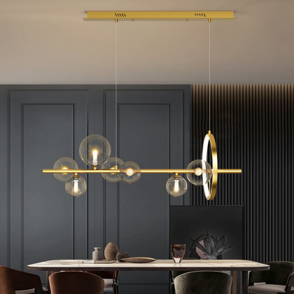 HMR Bubi Modern Linear Kitchen Island Light with Glass Globe Shade - Gold, 7-Light