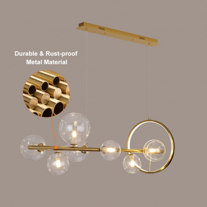 HMR Bubi Modern Linear Kitchen Island Light with Glass Globe Shade - Gold, 7-Light