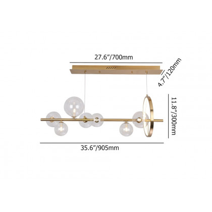 HMR Bubi Modern Linear Kitchen Island Light with Glass Globe Shade - Gold, 7-Light