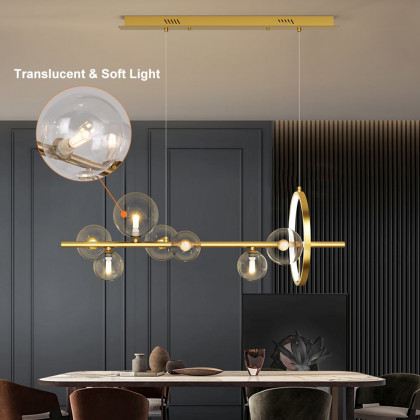 HMR Bubi Modern Linear Kitchen Island Light with Glass Globe Shade - Gold, 7-Light