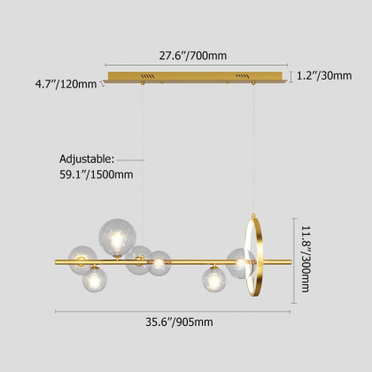 HMR Bubi Modern Linear Kitchen Island Light with Glass Globe Shade - Gold, 7-Light