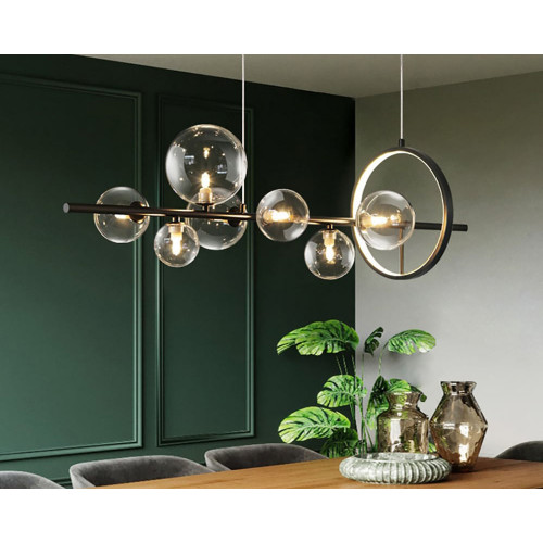 HMR Bubi Modern Linear Kitchen Island Light with Glass Globe Shade - Black, 7-Light
