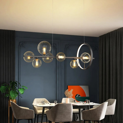 HMR Bubi Modern Linear Kitchen Island Light with Glass Globe Shade - Black, 7-Light