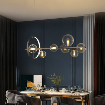 HMR Bubi Modern Linear Kitchen Island Light with Glass Globe Shade - Black, 7-Light