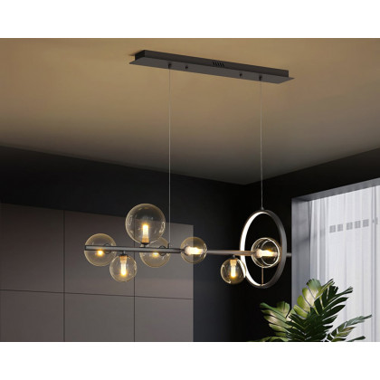 HMR Bubi Modern Linear Kitchen Island Light with Glass Globe Shade - Black, 7-Light
