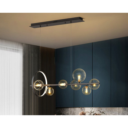 HMR Bubi Modern Linear Kitchen Island Light with Glass Globe Shade - Black, 7-Light