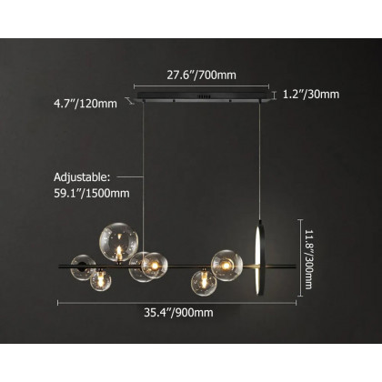 HMR Bubi Modern Linear Kitchen Island Light with Glass Globe Shade - Black, 7-Light