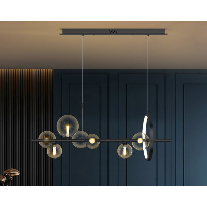 HMR Bubi Modern Linear Kitchen Island Light with Glass Globe Shade - Black, 7-Light