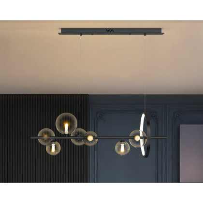HMR Bubi Modern Linear Kitchen Island Light with Glass Globe Shade - Black, 7-Light
